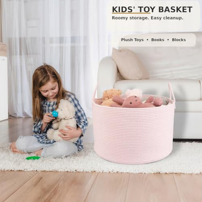 XUANGUO 66L Large Blanket Basket, Round Cotton Rope Basket, Light Pink - color: pink