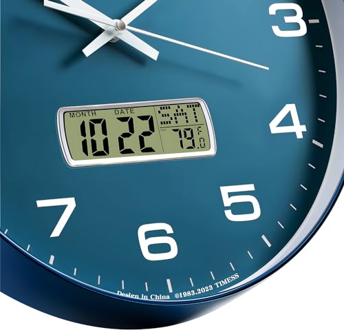 TIMESS Wall Clock, 13" Dial Non-Ticking Silent Battery Operated Analog with LCD Display for Perpetual Calendar and F° Temperature, Ideal Modern Home, Office Decor (Blue) - color: Blue, size: 13 Inch