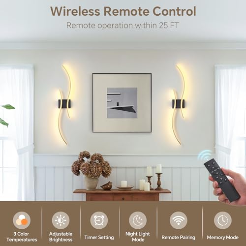 Wireless Wall Sconces Set of Two, Dimmable, 3CCT, Up to 65H Runtime - color: Black and Gold, size: 31.5 inches (2 Pack)
