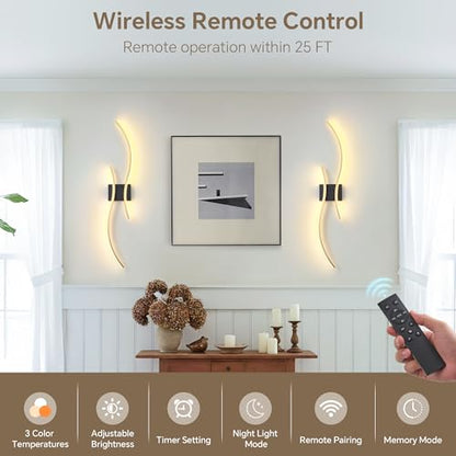 Wireless Wall Sconces Set of Two, Dimmable, 3CCT, Up to 65H Runtime - color: Black and Gold, size: 31.5 inches (2 Pack)