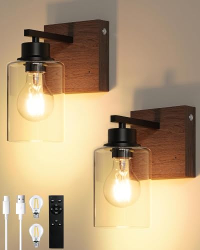 Rayogale Wireless Battery Operated Wall Sconce Set of 2 with Remote Control | Black & Walnut Dimmable Rechargeable Wall Lights with Timer, Easy Install Glass Lamp for Living Room Bedroom, Emergency 3000K - color: Black Walnut(Clear Lampshades)