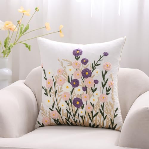 Embroidered Throw Pillow Covers 18x18 Pack of 2 Purple Pink Flower - color: Purple-pink Flower