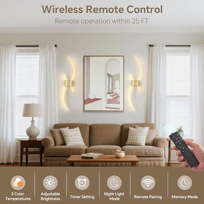 Wireless Wall Sconces Set of Two, Dimmable, 3CCT, Up to 65H Runtime - color: Brushed Brass, size: 23.6 inches (2 Pack)