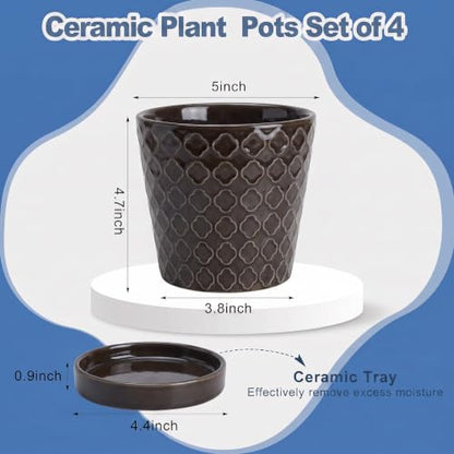EFISPSS Ceramic Plant Pots, 5 Inch Planters with Drainage Holes and Ceramic Tray, Relief Design Flower Planter, Desktop Office Windowsill Decoration Gift Set of 4 - Black - color: Black