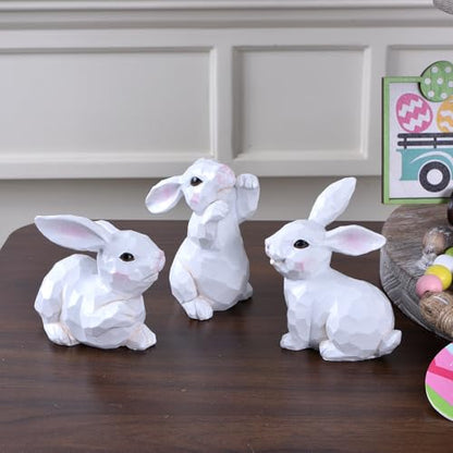 Easter Bunny Figurines, 3PCS White Resin Rabbit Decor with Hand-Carved Texture, Cute Easter Bunnies Collectables for Home Spring Tabletop Centerpiece, Tiered Tray, Shelf (White)