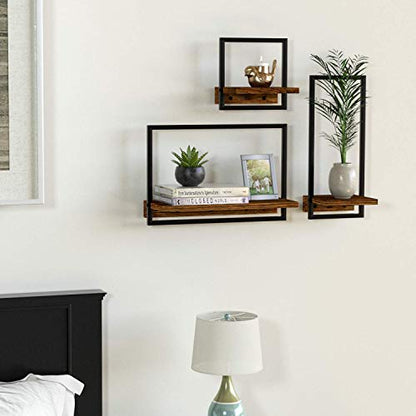 Metal Frame Rustic Wooden Floating Hanging Shelves, Home Decor Wall Mounted Display Organizing Shelf for Living Room, Bedroom, Office Bathroom. Set of 3