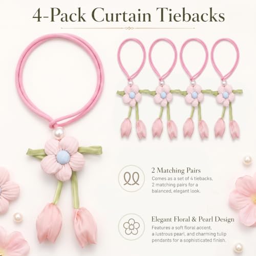 Floral Curtain Tiebacks, 4 Pack Adjustable Curtain Holdbacks, Blush Pink - color: Blush Pink