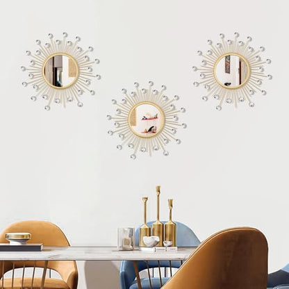 3 Pack Metal Mirrors for Wall Sunburst Wall Mirror Gold Crystal Home Accent - color: Gold Crystal