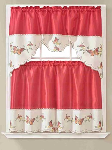 Generic 3-Piece Set Embroidered Window Curtain 2 Panels 1 Valance for Kitchen Restaurant Bar BR (Red BR-29) - color: Red Br-29