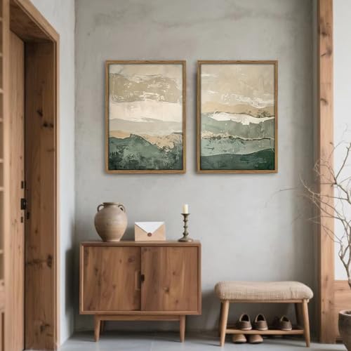 Green Abstract Landscape Wall Art Japanese Textured Mountain Canvas Print - color: Gray Green, size: 16x24 Inches