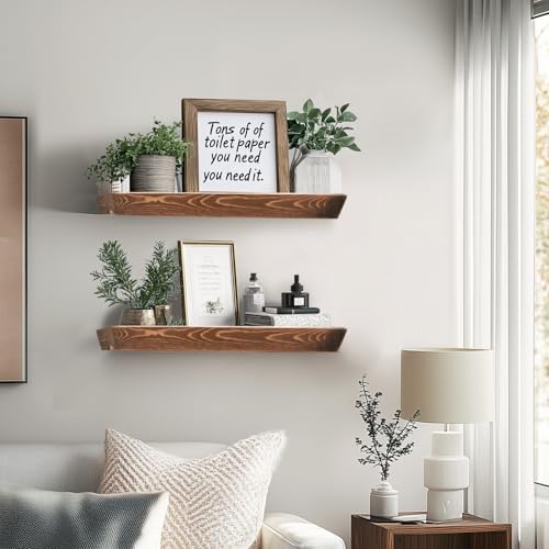 16x6.8x1.6in Slanted Solid Wood Floating Wall Shelves 2-Pack Brown - color: Brown, size: 16"-Set of 2