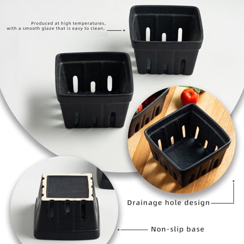 Ceramic Berry Basket, 4.2" Colander Set of 2 with Holes - color: Black, size: 4 inch