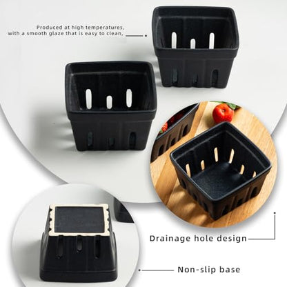 Ceramic Berry Basket, 4.2" Colander Set of 2 with Holes - color: Black, size: 4 inch