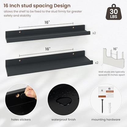 Axeman Picture Ledge Shelf, 24 Inch Black Floating Shelves Set of 4 - color: Black, size: 24 Inch