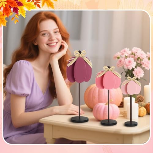 Thyle 3 Pcs Fall Pumpkin Decor, Wooden, Pink - color: Pink