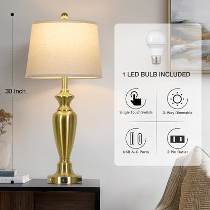 Gold Table Lamp for Living Room Single, 30″ Tall Touch Control Bedside Lamp for Nightstand, 3-Way Dimmable Bedroom Lamp with USB A+C Ports and AC Outlet (1 Pack) - color: Gold - 30"H - 1 Pack