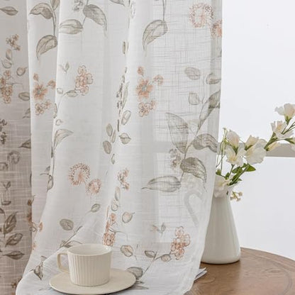 SUOUO Floral Semi Sheer Curtains Linen Textured 96 inches 2 Panels - color: Coffee-l, size: 52"W x 96"L (Pack of 2)