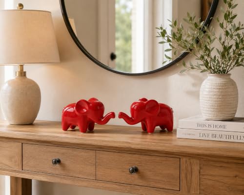 4 Inch Red Ceramic Elephant Figurines Set of 2 - color: Red