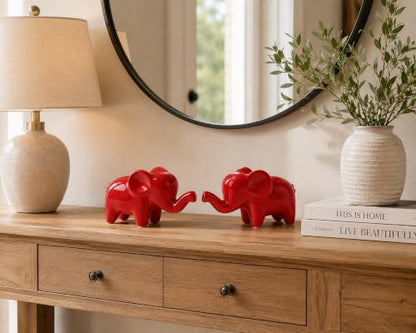 4 Inch Red Ceramic Elephant Figurines Set of 2 - color: Red