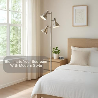 LIGHTACCENTS Tree Floor Lamp, Brushed Nickel - Modern Pole Lamp with 3 Adjustable Reading Lights - 64 inch Stand Lamp for Living Room, Bedroom, Dorm Room - color: Brushed Nickel