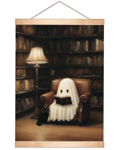 HEYJEEPER Vintage Ghost Wall Art Poster 14x18.5inch, Dark Academia Canvas Hanging Posters,Vintage Book Nook Decor for Library Bedroom Living Room,Gothic Home Decor,Unique Gift for Bookworm (BLK01) - color: BLK01