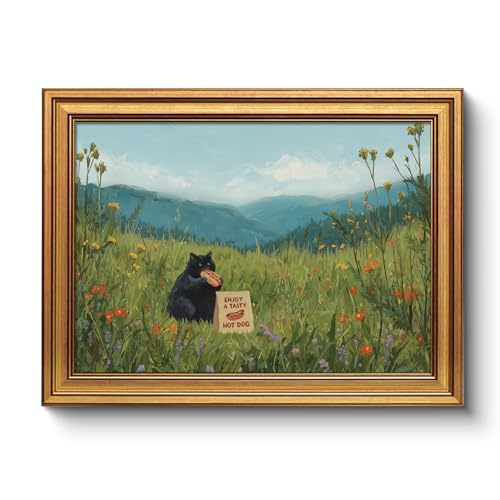 Funny Animal in Meadow Wall Art Gold Frame 12x16 Inch, Whimsical Wildlife Painting with Funny Black Cat Eat Hot Dog, Rustic Oil Painting Style Artwork Living Room Kitchen Farmhouse Eclectic Decor - color: Black Cat Picnic, size: 16"L x 12"W