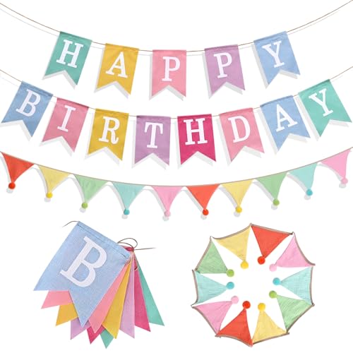 Happy Birthday Banner, Birthday Decorations with Pennant Flags, Colorful Imitated Burlap Birthday Signs with Cotton Crepe Triangle Bunting for Women Girls Boys Kids, Birthdate Party Celebration Backdrops
