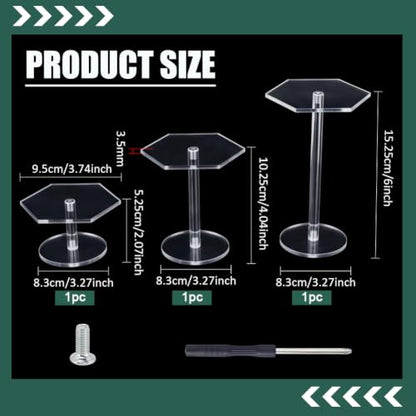 FINGERINSPIRE 6 Pcs Hexagon Acrylic Display Stands 3 Height Clear Acrylic Round Base Stands for Miniatures Collectibles Showcase Stackable Transparent Pedestal Display Platforms for Tabletop Display
