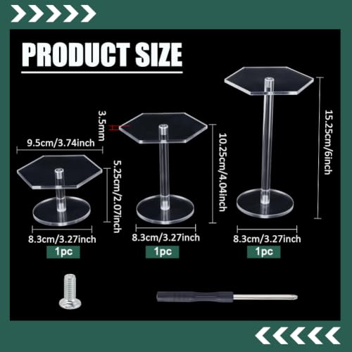 FINGERINSPIRE 6 Pcs Hexagon Acrylic Display Stands 3 Height Clear Acrylic Round Base Stands for Miniatures Collectibles Showcase Stackable Transparent Pedestal Display Platforms for Tabletop Display