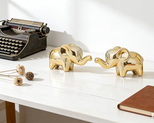 4 Inch Gold Ceramic Elephant Figurines Set of 2 - color: Gold