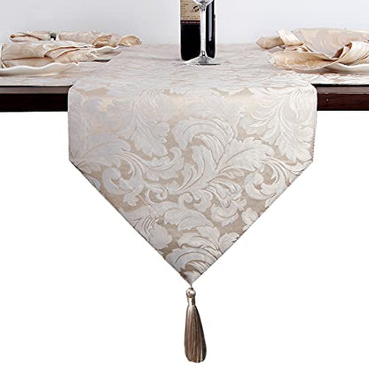 EHouseHome Jacquard Damask Reversible Beige Table Runners with Tassels 13 x 72 inch Wrinkle and Water Resistant Spill-Proof Decorative Dining and Wedding Runners - color: Beige With Tassels