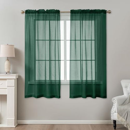 Green Sheer Curtains 63 Inch Length Rod Pocket - color: Hunter Green, size: 42"W x 63"L (Pack of 2)
