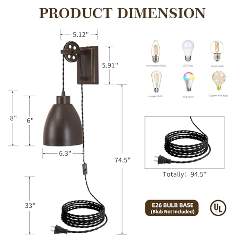 8FT Plug in Wall Sconces Pulley Wall Lamps, Oil Rubbed Bronze - color: Oil-Rubbed Bronze