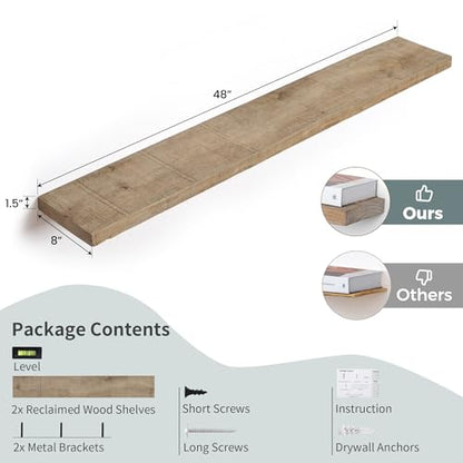 FLYJOE Floating Shelves | 8" Deep Rustic Reclaimed Barnwood Wall Hanging Shelves with Invisible Heavy-Duty Metal Bracket | Wall Mounted | Farmhouse Style | 48 inches, 2 PCs, Distressed Natural - color: Distressed Natural, size: 48inches-2P