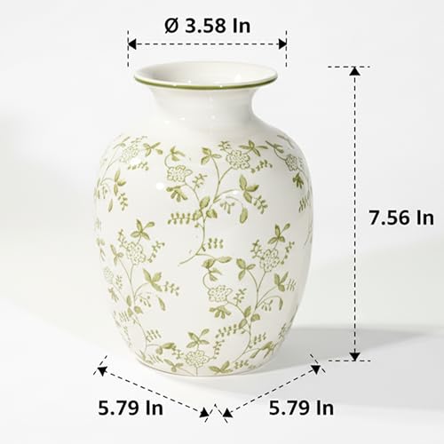 Green and Beige Ceramic Vase for Pampas Grass, 7 Inch Vintage Floral Vase for Eucalyptus, Botanical, Home Decor for Bathroom, Bedroom, Nightstand - color: Green and Beige