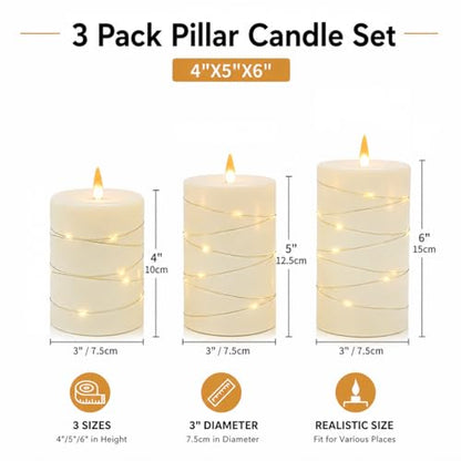 Flickering flameless Candles with String Lights, Battery-Powered, LED Pillar Candles, Candle Set with Remote Control and Timer, 3-piece Candle Set in Ivory White - color: Off-White