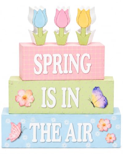 6 Pcs Spring Table Decorations Tulip Flower Wooden Block Signs Tabletop Centerpieces Farmhouse Distressed Easter Decor for Home Kitchen Shelf Tiered Tray Decor