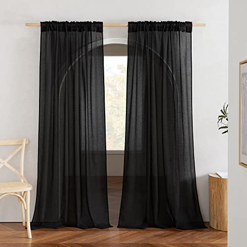NICETOWN Black Curtains Semi Sheer Linen Texture, Rod Pocket & Back Tab Sheer Linen Blend Window Drapes Aesthetic Privacy with Light Through for Boys Bedroom/Living Room, W52 x L84, 2 Pieces - color: Black, size: 52"W x 84"L (Pack of 2)