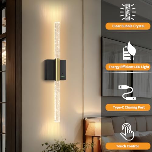Battery Operated Sconces Set of 2, 28in Rechargeable Wireless Wall Lights - color: Black