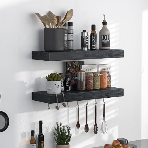 Fun Memories Floating Shelves - 16 Inch Rustic Black Wall Shelf - Wall Mounted Shelves for Wall Decor Storage - Wooden Shelves with Invisible Brackets for Living Room, Bedroom, Kitchen, 2 Pack - color: Black, size: 16"L x 6.7"D