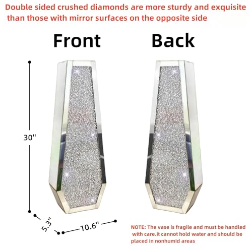 30" Large Double Sided Crushed Diamond Vases,Six Sided Diamond Shape Vase,Tall Silver Mirrored Vase for Floor, Crystal Decorative Vase for Home,Office,Hotel (Silver,10.6" Lx5.3 W x30 H)