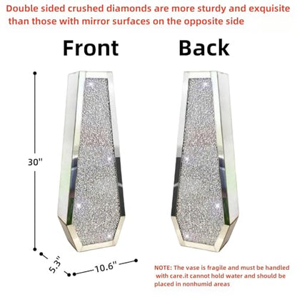 30" Large Double Sided Crushed Diamond Vases,Six Sided Diamond Shape Vase,Tall Silver Mirrored Vase for Floor, Crystal Decorative Vase for Home,Office,Hotel (Silver,10.6" Lx5.3 W x30 H)