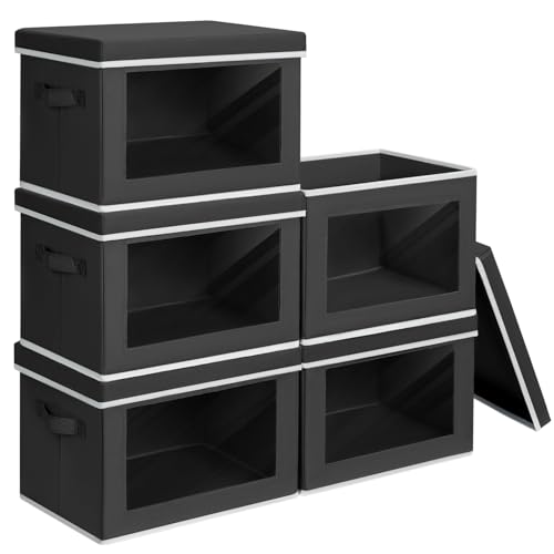 Homsorout Stackable Storage Bins with Lids - Medium Storage Box with Lids, Foldable Closet Boxes for Organizing, Wardrobe Clothes Organizer with Window, Cubes Bins for Living Room, 5 Pack, Black - color: Black, size: L(5-Pack)