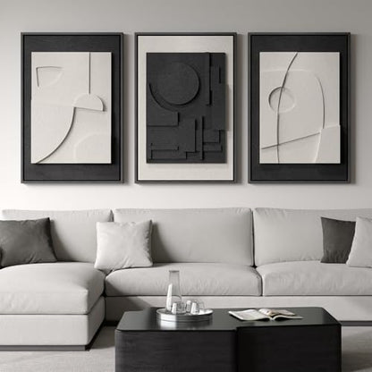 Large Framed Black and White Modern 3D Abstract Wall Art for Living Room - color: Black and White, size: 24"w X 36"h X 3pcs