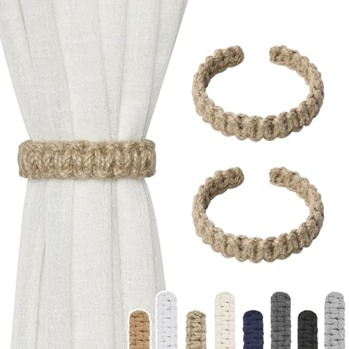 NICEEC 2 Pack Natural Jute Rope Curtain Tiebacks Farmhouse Rustic Style Decorative Drape Tie Backs Handmade Braided Curtain Holdbacks for Home & Office Sheer/Light Weight Drapery (J-Natural-S) - color: Natural-small, size: 2 Pack