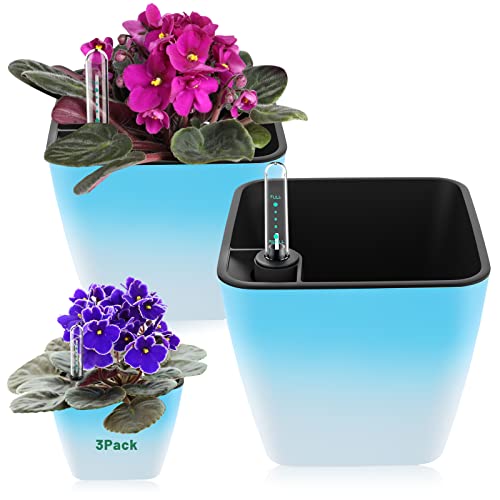 Self Watering Planters for Indoor Plants, 5.2 Inch 3 Pack Square Plastic Plant Pots with Water Level Indicator & Drainage System for African Violet Herbs Succulents - Gradient Blue - color: Gradient Blue Pack of 3