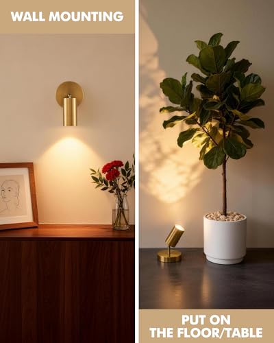 2 Pack Gold Wireless Led Spotlights Indoor with Remote, 8000mAh Cordless Battery Operated Plant Uplights, Rechargeable Small Battery Powered UpLighting for Wall Floor Picture Art Accent Tree