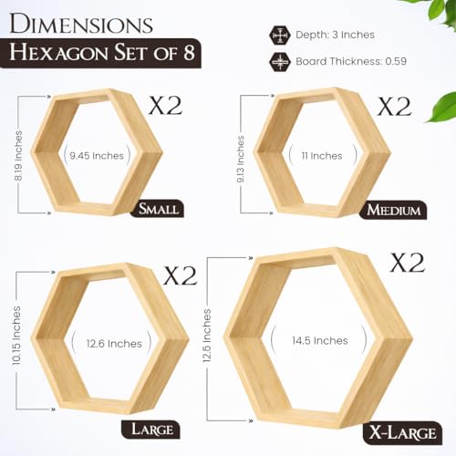Hexagon Floating Shelves Set of 8 Honeycomb Shelves for Wall, Wooden Hexagon Shelves for Farmhouse Storage (Natural Wood) - color: Natural Wood