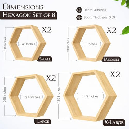 Hexagon Floating Shelves Set of 8 Honeycomb Shelves for Wall, Wooden Hexagon Shelves for Farmhouse Storage (Natural Wood) - color: Natural Wood