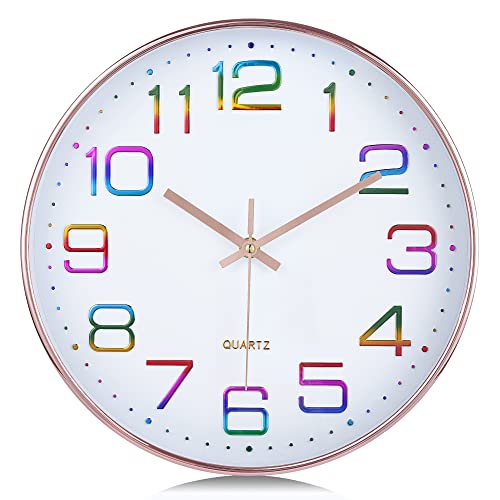 Lafocuse 12 inch Modern Analog Colorful Wall Clock for Girls Bedroom | Easy to Read 3D Rainbow Numbers, Silent Non Ticking, Pink Rose Gold Clock Battery Operated, for Girls Room Living Room Decor - color: Rose Gold-colorful Numbers